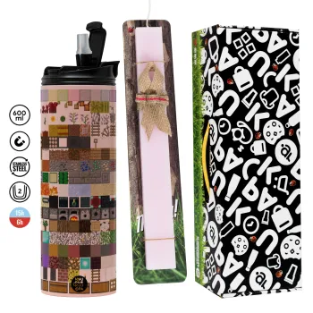 Minecraft blocks, Easter candle,Travel Tumbler 2 Lids, with metal straw & cleaning brush & aromatic flat candle (30cm) (PINK)