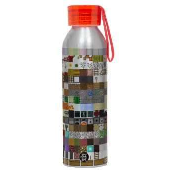 Minecraft blocks, Αλουμινένιο Αθλητικό Μπουκάλι 650ml – Ασημί με Κόκκινο Καπάκι και Λουράκι Σιλικόνης