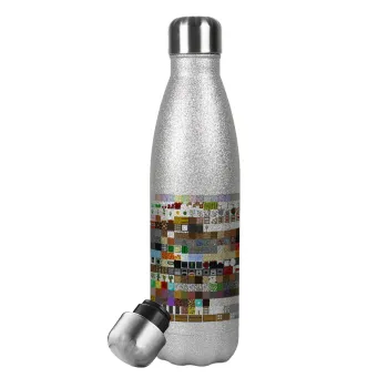 Minecraft blocks, Metallic Glitter Silver Thermos Flask (Stainless steel), double-walled, 500ml