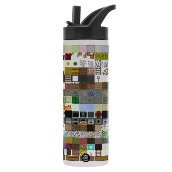 Minecraft blocks, Μεταλλικό παγούρι θερμός με καλαμάκι & χειρολαβή, ανοξείδωτο ατσάλι (Stainless steel 304), διπλού τοιχώματος, 600ml