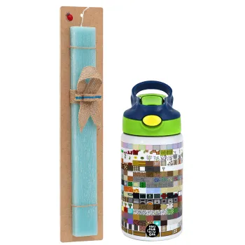 Minecraft blocks, Easter Set, Children's thermal stainless steel bottle with safety straw, green/blue (350ml) & aromatic flat Easter candle (30cm) (TURQUOISE)
