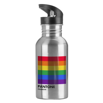 Pantone Rainbow, Water bottle Silver with straw, stainless steel 600ml