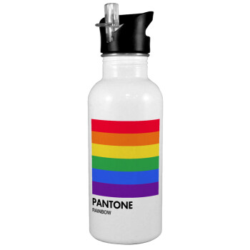 Pantone Rainbow, White water bottle with straw, stainless steel 600ml