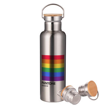 Pantone Rainbow, Stainless steel Silver with wooden lid (bamboo), double wall, 750ml