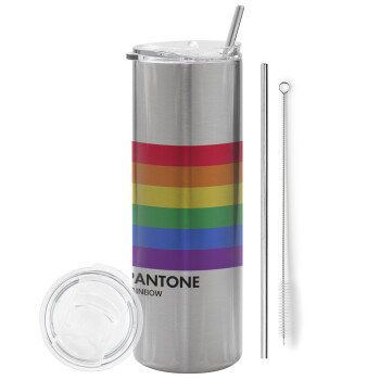 Pantone Rainbow, Eco friendly ποτήρι θερμό Ασημένιο (tumbler) από ανοξείδωτο ατσάλι 600ml, με μεταλλικό καλαμάκι & βούρτσα καθαρισμού