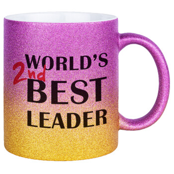 World's 2nd Best leader , Κούπα Χρυσή/Ροζ Glitter, κεραμική, 330ml