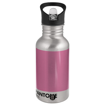 PANTONE Pink C, Water bottle Silver with straw, stainless steel 500ml