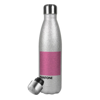 PANTONE Pink C, Μεταλλικό παγούρι θερμός Glitter Aσημένιο (Stainless steel), διπλού τοιχώματος, 500ml