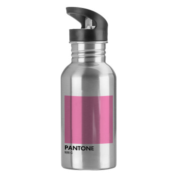 PANTONE Pink C, Παγούρι νερού Ασημένιο με καλαμάκι, ανοξείδωτο ατσάλι 600ml