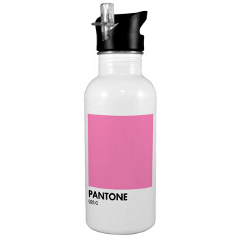 PANTONE Pink C, White water bottle with straw, stainless steel 600ml