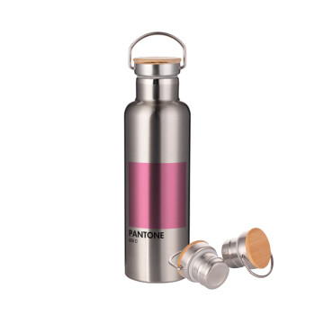 PANTONE Pink C, Stainless steel Silver with wooden lid (bamboo), double wall, 750ml