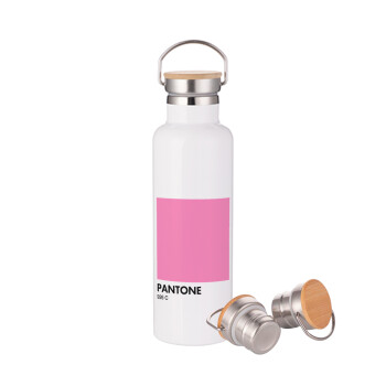 PANTONE Pink C, Stainless steel White with wooden lid (bamboo), double wall, 750ml