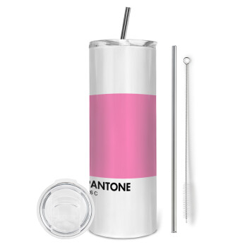 PANTONE Pink C, Eco friendly ποτήρι θερμό (tumbler) από ανοξείδωτο ατσάλι 600ml, με μεταλλικό καλαμάκι & βούρτσα καθαρισμού