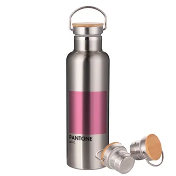 PANTONE Pink C, Μεταλλικό παγούρι θερμός (Stainless steel) Ασημένιο με ξύλινο καπακι (bamboo), διπλού τοιχώματος, 750ml