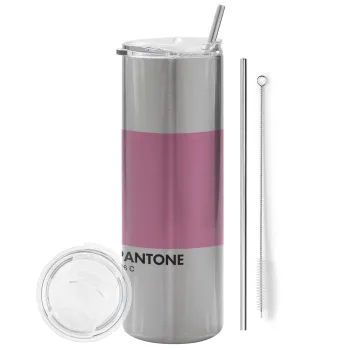 PANTONE Pink C, Tumbler ποτήρι θερμό Ασημένιο από ανοξείδωτο ατσάλι 600ml, με μεταλλικό καλαμάκι & βούρτσα καθαρισμού