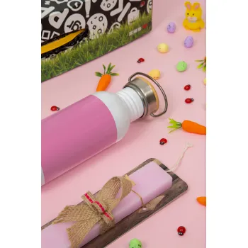 PANTONE Pink C, Πασχαλινή Λαμπάδα με παγούρι μεταλλικό (620ml, stainless steel) & κερί αρωματικό πλακέ (30cm) (ΡΟΖ)