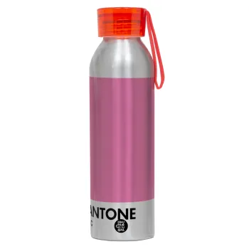 PANTONE Pink C, Αλουμινένιο Αθλητικό Μπουκάλι 650ml – Ασημί με Κόκκινο Καπάκι και Λουράκι Σιλικόνης