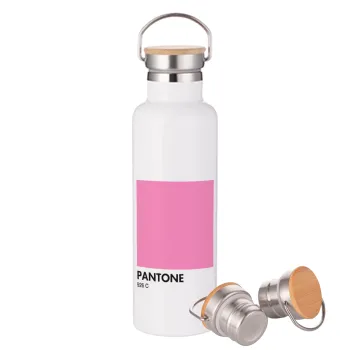 PANTONE Pink C, Stainless steel White with wooden lid (bamboo), double wall, 750ml