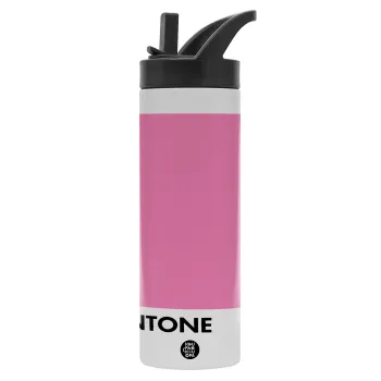 PANTONE Pink C, Μεταλλικό παγούρι θερμός με καλαμάκι & χειρολαβή, ανοξείδωτο ατσάλι (Stainless steel 304), διπλού τοιχώματος, 600ml