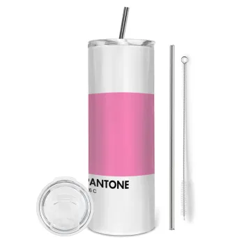 PANTONE Pink C, Tumbler ποτήρι θερμό από ανοξείδωτο ατσάλι 600ml, με μεταλλικό καλαμάκι & βούρτσα καθαρισμού