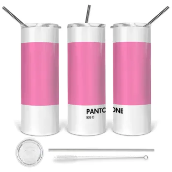 PANTONE Pink C, Tumbler ποτήρι θερμό από ανοξείδωτο ατσάλι 600ml, με μεταλλικό καλαμάκι & βούρτσα καθαρισμού