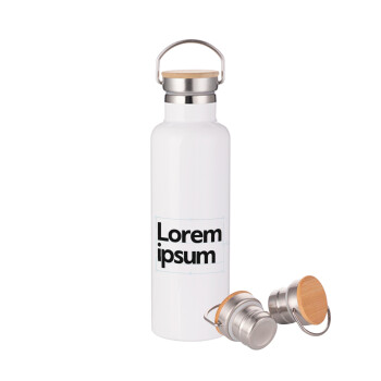 Lorem ipsum, Μεταλλικό παγούρι θερμός (Stainless steel) Λευκό με ξύλινο καπακι (bamboo), διπλού τοιχώματος, 750ml