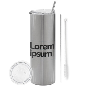 Lorem ipsum, Eco friendly ποτήρι θερμό Ασημένιο (tumbler) από ανοξείδωτο ατσάλι 600ml, με μεταλλικό καλαμάκι & βούρτσα καθαρισμού
