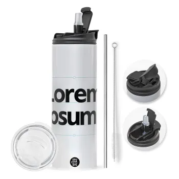 Lorem ipsum, Travel Tumbler θερμό με διπλό καπάκι, μεταλλικό καλαμάκι και βούρτσα καθαρισμού (Ανωξείδωτο 304 Food grade, BPA free, 600ml)