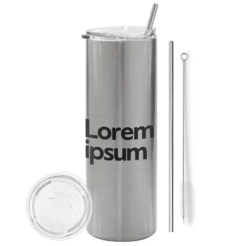 Lorem ipsum, Tumbler ποτήρι θερμό Ασημένιο από ανοξείδωτο ατσάλι 600ml, με μεταλλικό καλαμάκι & βούρτσα καθαρισμού
