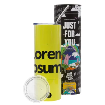 Lorem ipsum, Neon Yellow Travel Tumbler θερμό, μεταλλικό καλαμάκι(Ανωξείδωτο 304 Food grade, BPA free, 600ml)