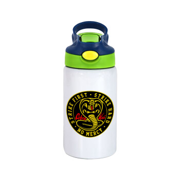 cobra kai strike first dojo, Children's hot water bottle, stainless steel, with safety straw, green, blue (350ml)