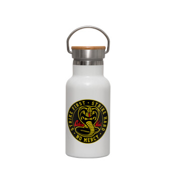 cobra kai strike first dojo, Metallic thermos (Stainless steel) White with wooden lid (bamboo), double-walled, 350ml