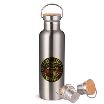 cobra kai strike first dojo, Stainless steel Silver with wooden lid (bamboo), double wall, 750ml