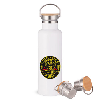 cobra kai strike first dojo, Μεταλλικό παγούρι θερμός (Stainless steel) Λευκό με ξύλινο καπάκι (bamboo), διπλού τοιχώματος, 750ml