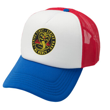 cobra kai strike first dojo, Adult Soft Trucker Hat with Red/Blue/White Mesh (POLYESTER, ADULT, UNISEX, ONE SIZE)