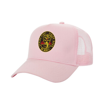 cobra kai strike first dojo, Adult Structured Trucker Hat, with Mesh, PINK (100% COTTON, ADULT, UNISEX, ONE SIZE)