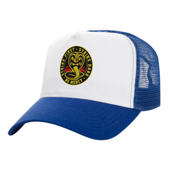 cobra kai strike first dojo, Adult Structured Trucker Hat, with Mesh, WHITE/BLUE (100% COTTON, ADULT, UNISEX, ONE SIZE)