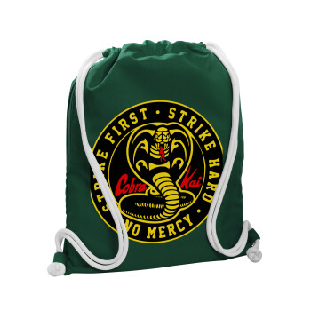cobra kai strike first dojo, Τσάντα πλάτης πουγκί GYMBAG BOTTLE GREEN, με τσέπη (40x48cm) & χονδρά λευκά κορδόνια