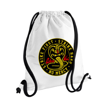 cobra kai strike first dojo, Backpack pouch GYMBAG white, with pocket (40x48cm) & thick cords