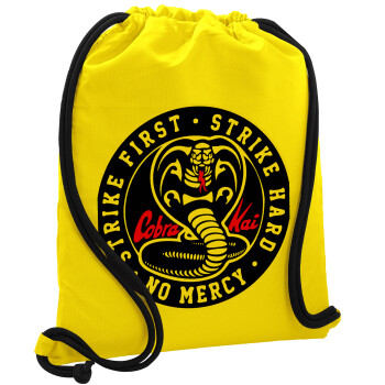 cobra kai strike first dojo, Τσάντα πλάτης πουγκί GYMBAG Κίτρινη, με τσέπη (40x48cm) & χονδρά κορδόνια