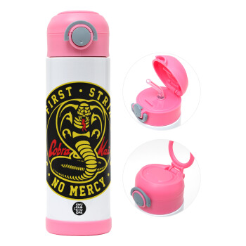 cobra kai strike first dojo, Children's hot water bottle, stainless steel, with safety straw, PINK (500ml)