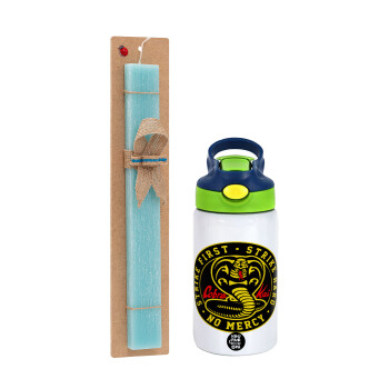 cobra kai strike first dojo, Easter Set, Children's thermal stainless steel bottle with safety straw, green/blue (350ml) & aromatic flat Easter candle (30cm) (TURQUOISE)