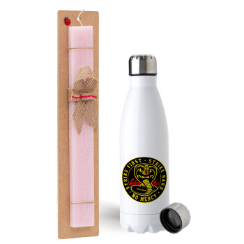 cobra kai strike first dojo, Easter Set, metallic stainless steel water bottle (750ml) & scented flat Easter candle (30cm) (PINK)