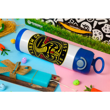 cobra kai strike first dojo, Easter candle, Childrens hot water bottle, stainless steel, with safety straw, BLUE (500ml)