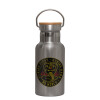 Stainless steel metallic thermos flask, silver with a bamboo lid, double-walled, 350ml.