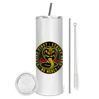 cobra kai strike first dojo, Tumbler ποτήρι θερμό από ανοξείδωτο ατσάλι 600ml, με μεταλλικό καλαμάκι & βούρτσα καθαρισμού