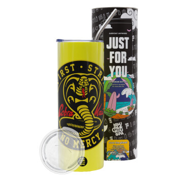 cobra kai strike first dojo, Neon Yellow Travel Tumbler, with metal straw (Stainless steel 304 Food grade, BPA free, 600ml)