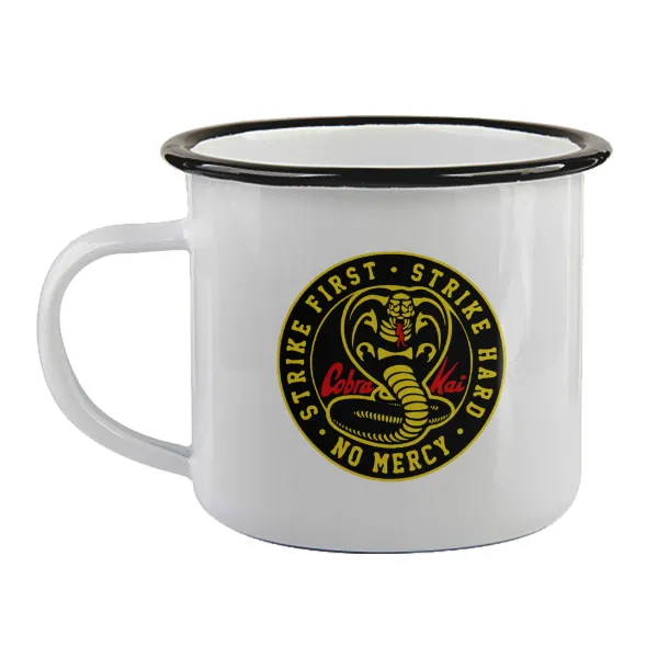 cobra kai strike first dojo — Enamel mug with black rim, 360ml