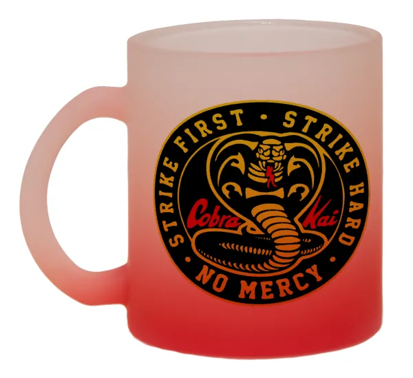 cobra kai strike first dojo — Κούπα γυάλινη δίχρωμη με βάση το κόκκινο ματ, 330ml