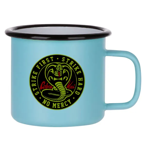 cobra kai strike first dojo — Metal enamel mug, matte light blue, 360ml